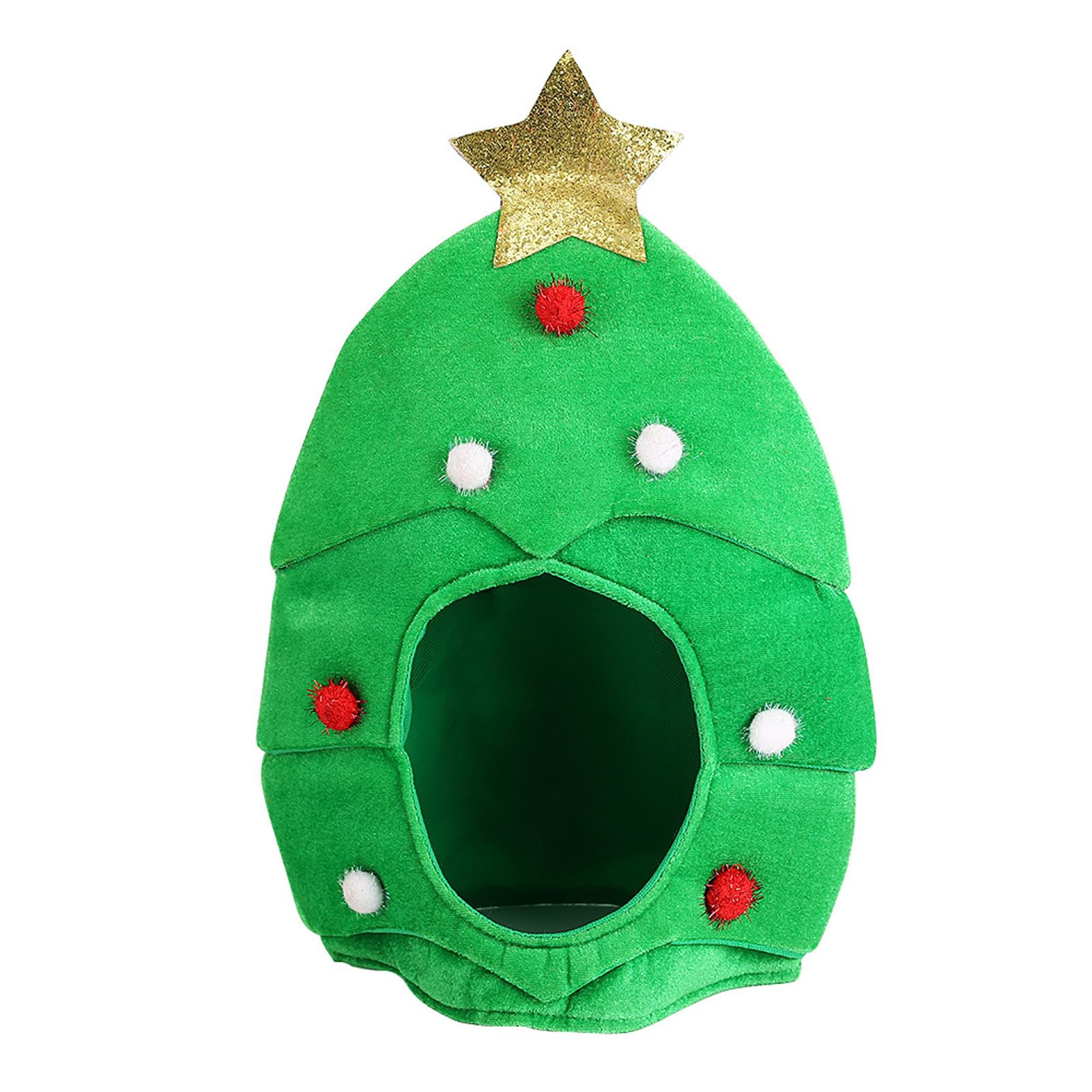 Faxianther Funny Christmas Tree Hat Adults Plush Green Xmas Tree Hooded Skull Caps with Baubles & Gold Star, Cosplay Halloween Costume Headwear Full Hood Hat Christmas Partty Supplies Favor Decor
