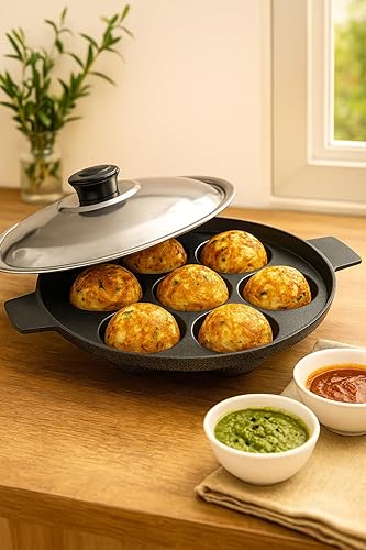 Miniatura 7 de DBY Appam Pan de aluminio Appam Patra Paniyaral antiadherente Paniyaram Paniyarakkal Aebleskiver Pan Takoyaki con tapa de acero inoxidable 7 bolas