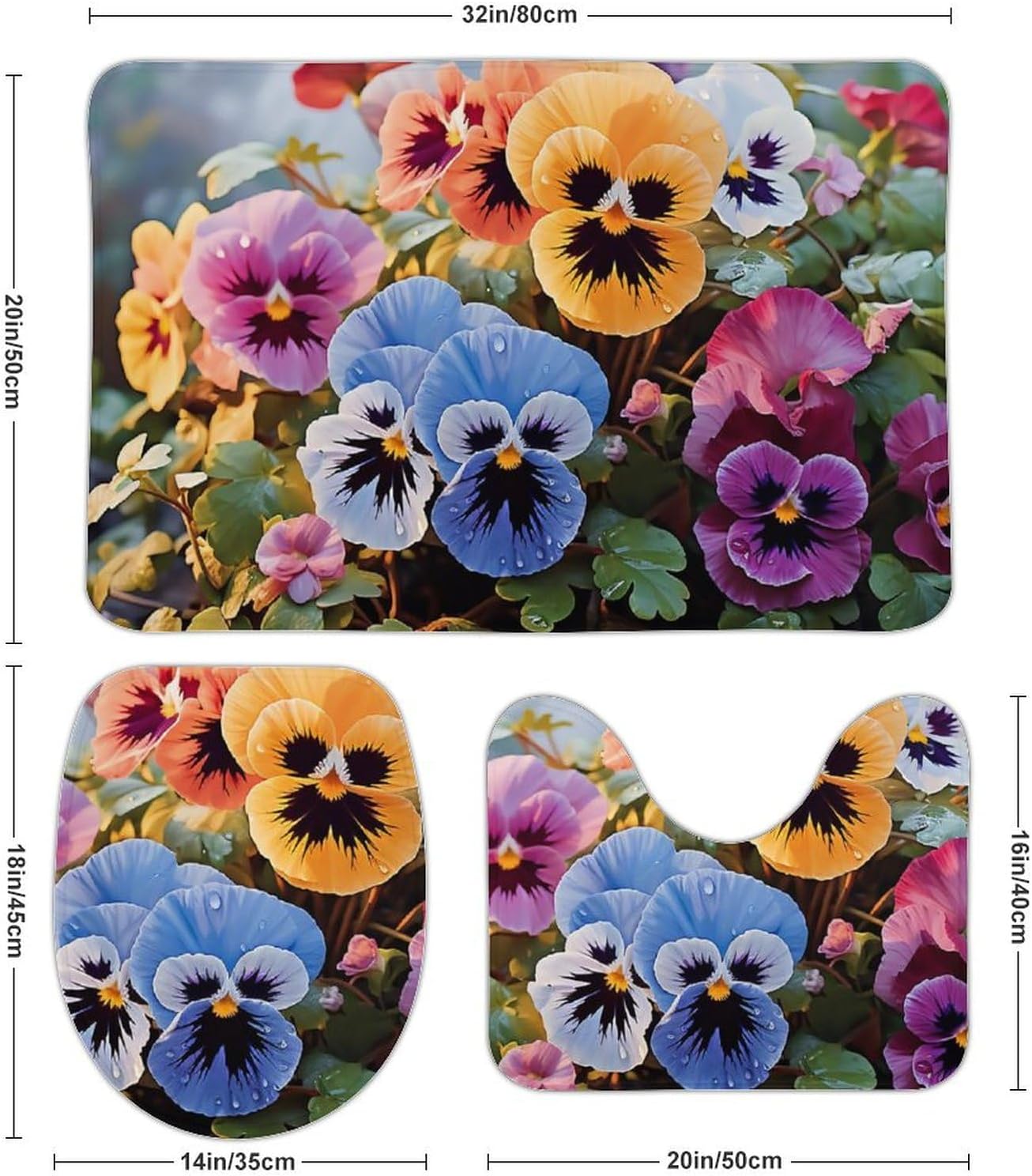 Bathroom Rug Set of 3 Pansy Flowers Bath Mat Decor Rug 20"x32" Non Slip Shower Mat Washable Bath Mats for Door Entrance Tub Side Toilet U Shape Mats