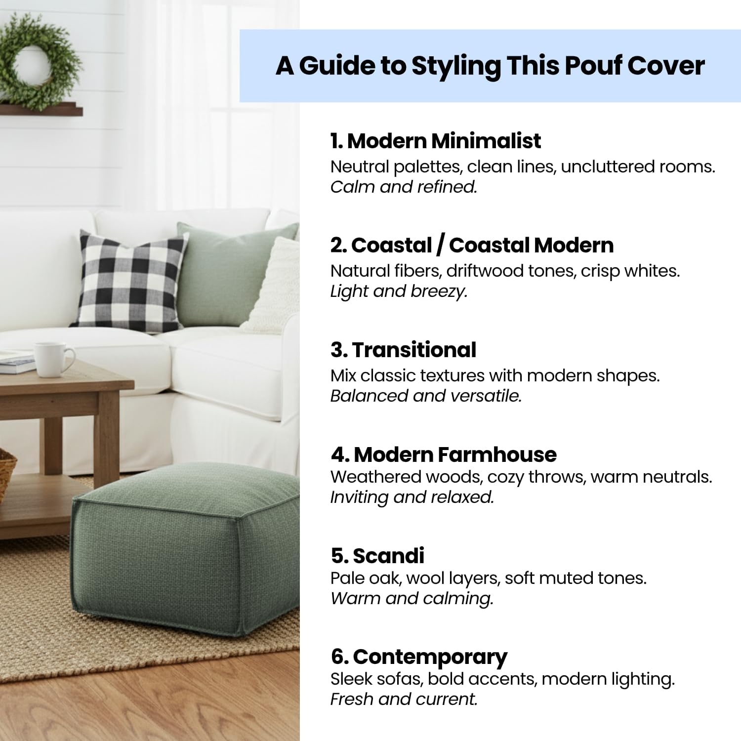 Morgan Ottoman Unfilled Cover – 24x24x16” Stonewashed Cotton, Handwoven Pouf in Sage – Soft Floor Cushion or Foot Stool For Bedroom, Living Room, Reading Nook – Cottagecore, Boho & Modern Decor