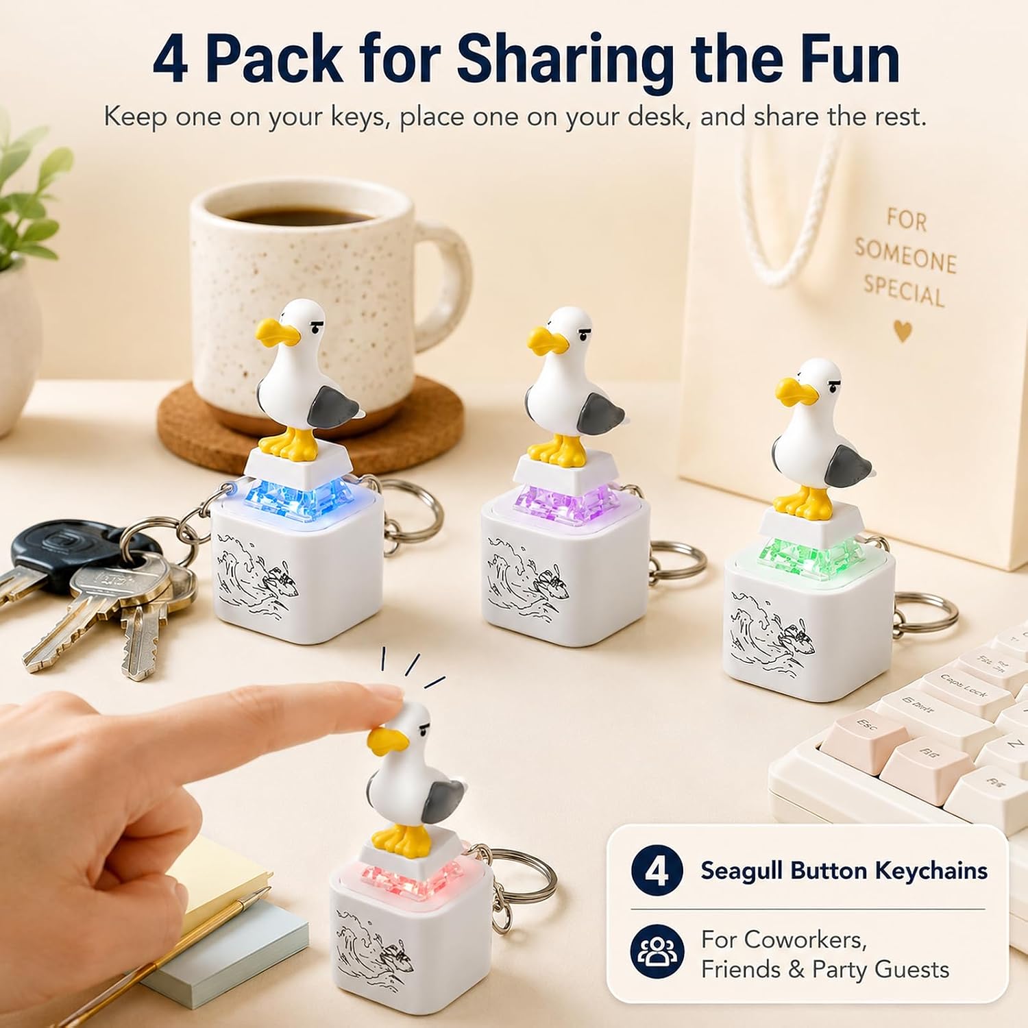 4 Pack Seagull Mine Button Keychain, LED Sound Fidget Clicker | Mine seagull keychain set, Type-C rechargeable desk fidget toy for adults, coworker gifts and white elephant gifts