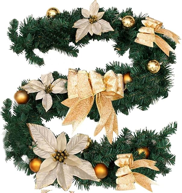Keyohome 1.8M/6Ft Christmas Garland for Fireplace Stair Christmas Decorated Garlands with Bow Flowers Ball Gold Christmas Garland for Xmas Tree Fireplace Stair Party Wedding Décor
