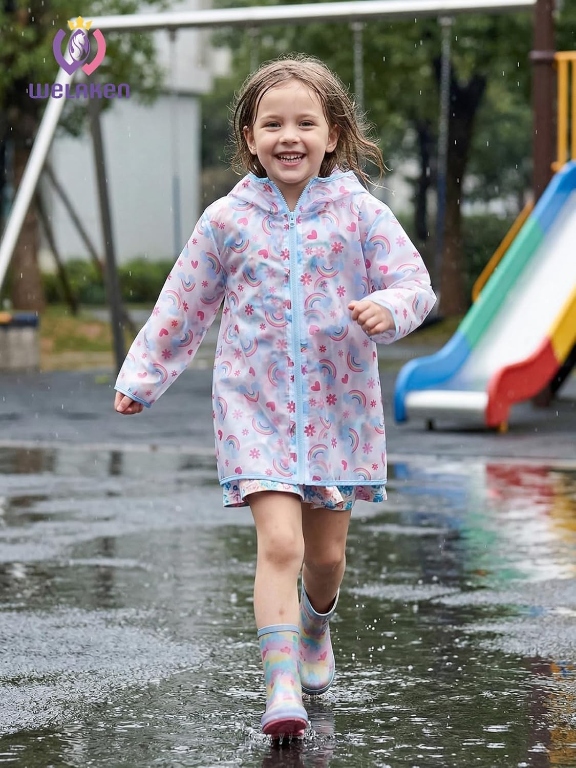 WELAKEN Girls Hooded Printed Rain Jacket Lightweight Water Resistant Raincoat with Zipper