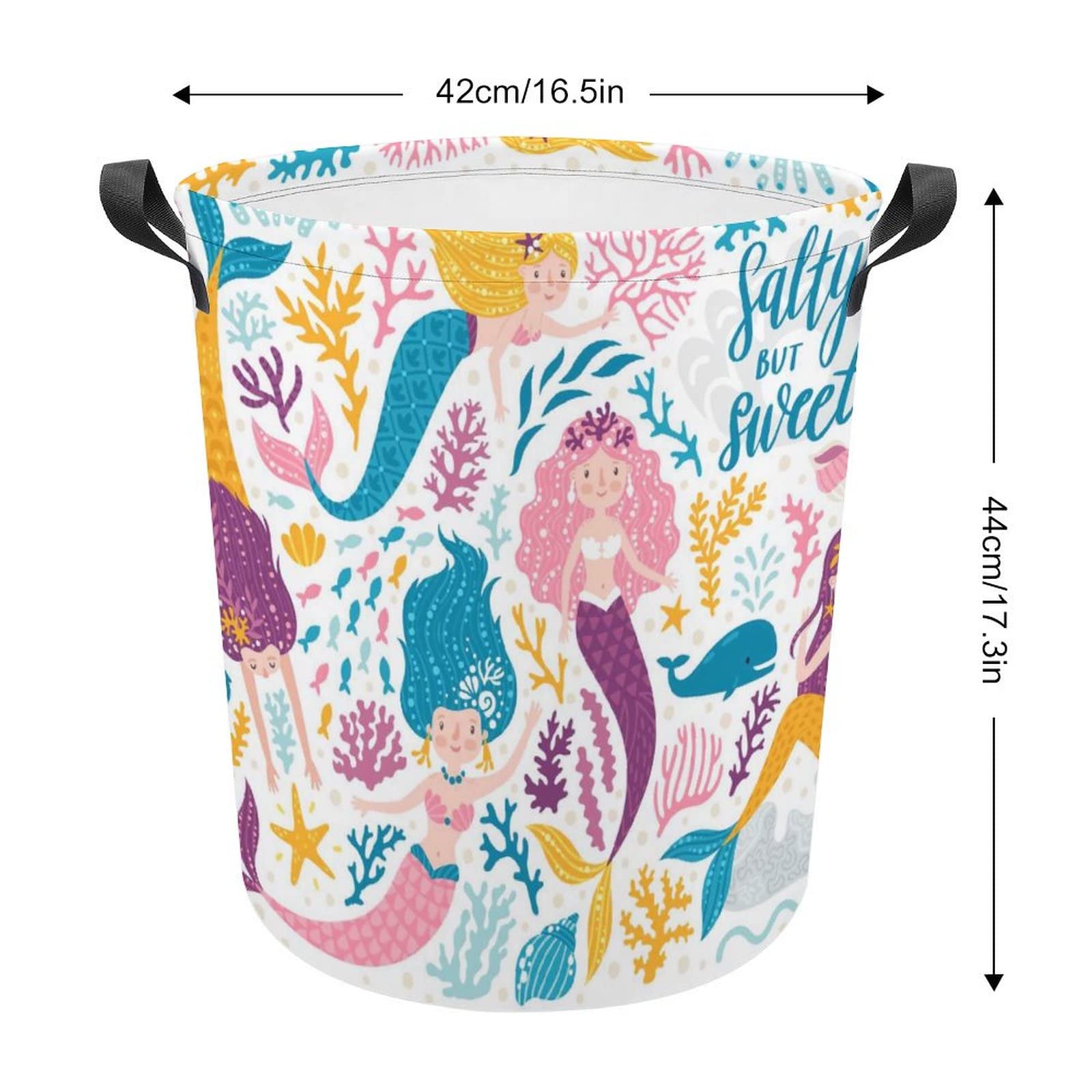 Colorful Mermaid Girl Marine Plants Corals Summer Shark on White Collapsible Waterproof Laundry Hamper, Lightweight Washing Basket Bin Storage Organizer Bucket with Handles for Toys Clothes