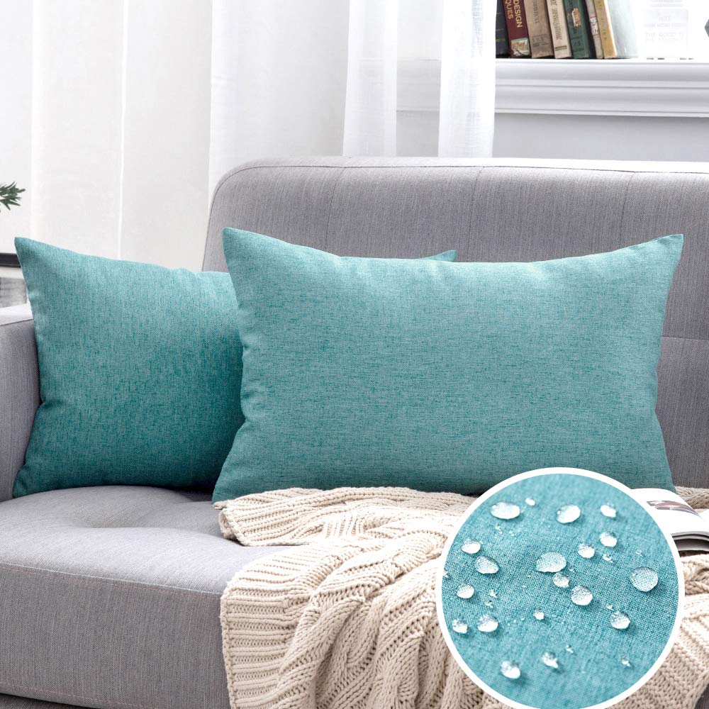 MIULEE Pack of 2 Decorative Outdoor Solid Waterproof Throw Pillow Covers Polyester Linen Garden Farmhouse Cushion Cases for Patio Tent Balcony Couch Sofa 12x20 inch Turquoise