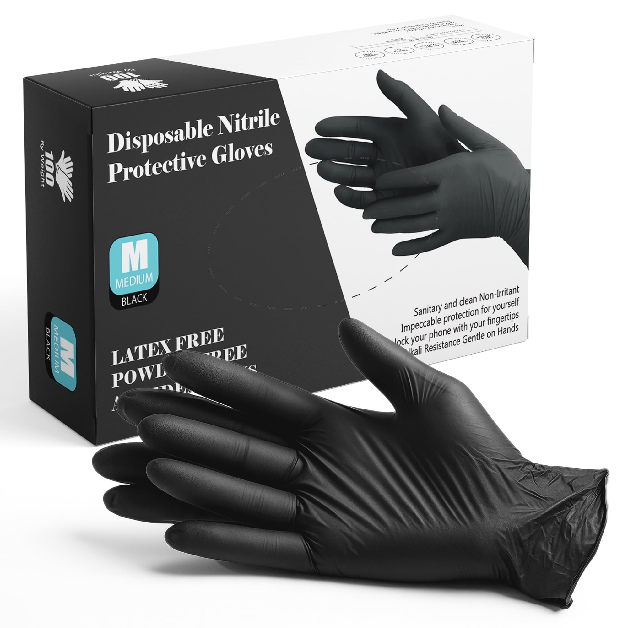 Black Nitrile Gloves, Latex Free & Powder Free, Heavy Duty & Anti-Piercing Disposable Gloves for Beauticians, Tattooists, Medical Environments