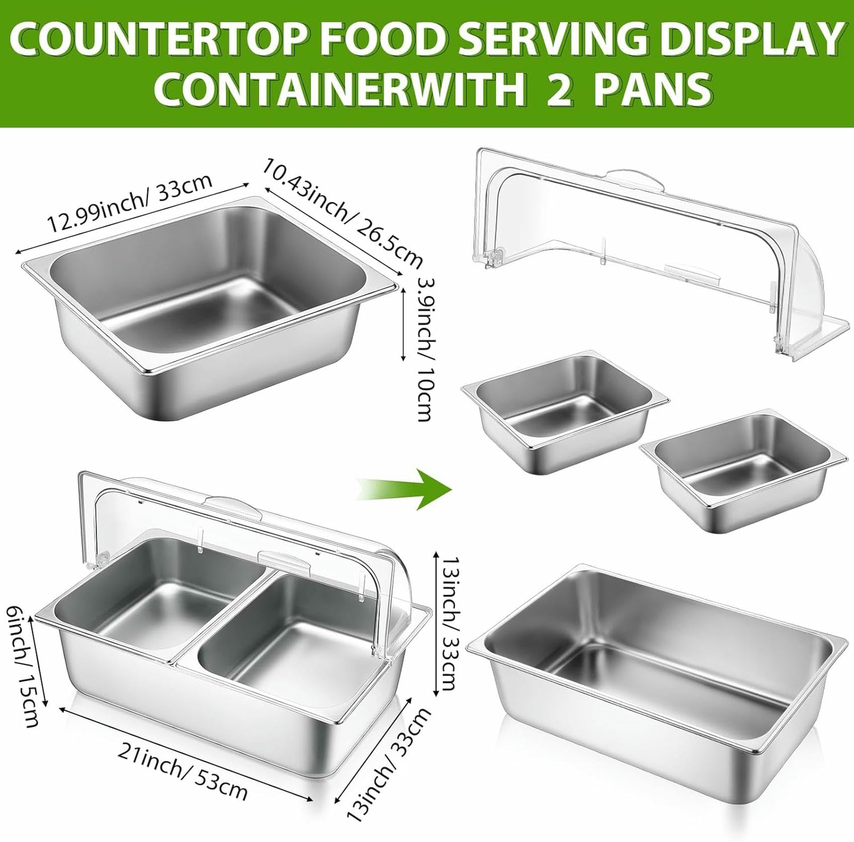 Recipiente para Servir sobre Encimera con Tapa Enrollable Transparente, Acero Inoxidable, Bandeja para Servir, Bufé, Dispensador De Especias, Expositor para Res,Silver-2 Pan