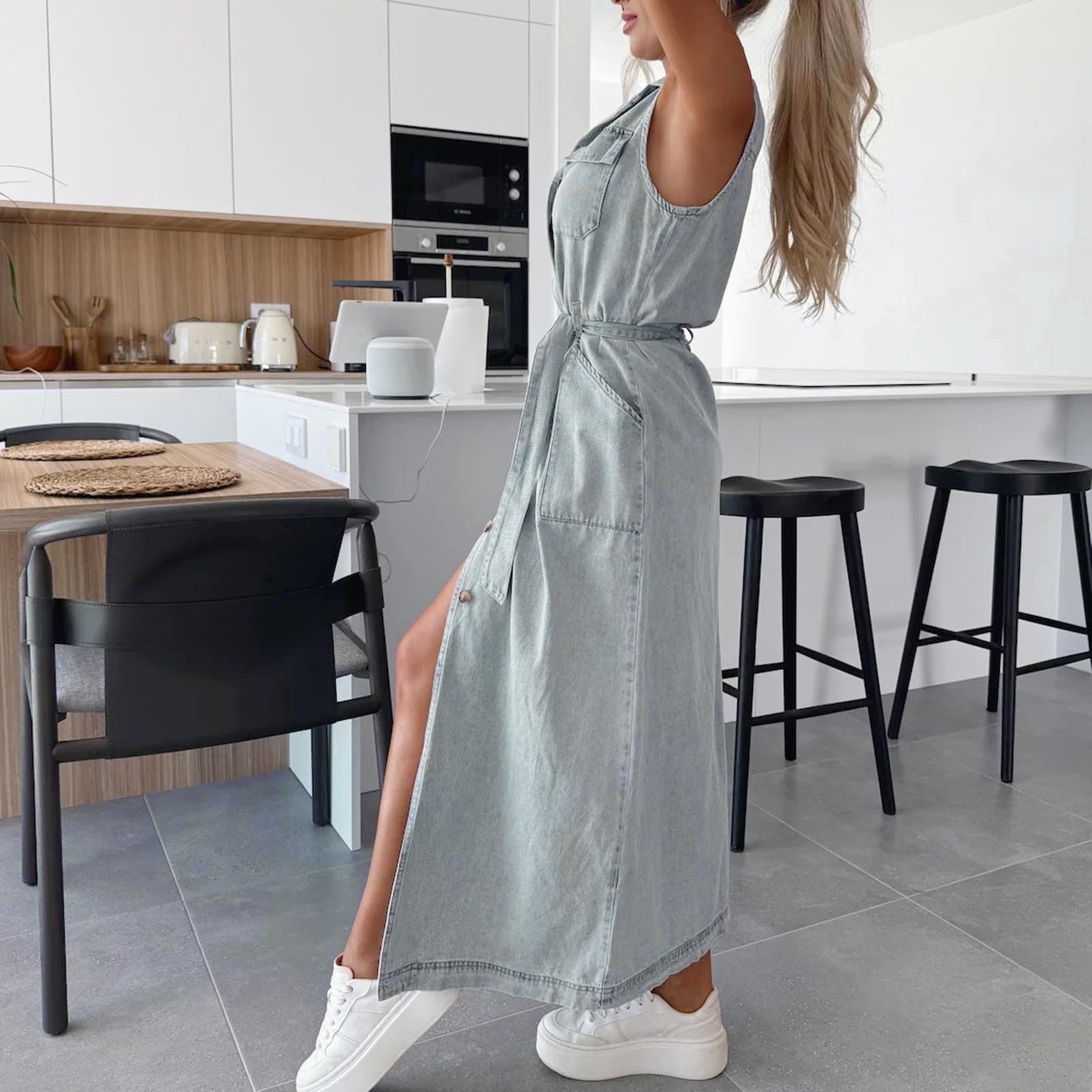 Jeanskleid Damen Sommer Lang Blusenkleid Jeans Ärmellos Sommerkleid V Ausschnitt Hemdkleid Frauen Denim Mit Knopfleiste Damenkleider Einfarbig Maxikleider Mit Gürtel Und Taschen Kleider Einreiher