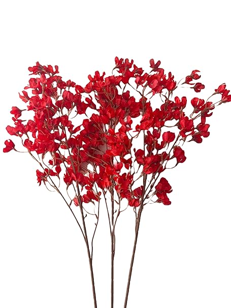 Indus Decor Baby's Breath Artificial Flower Bunch, 3 Stems, 87 cm Height (Red)