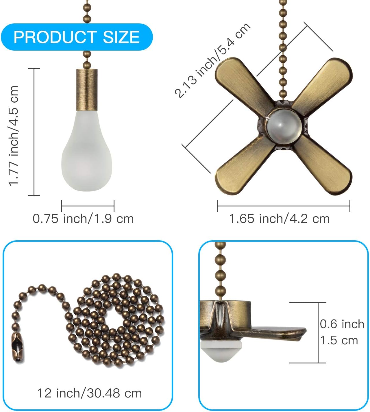 6 Combo Frosted Ceiling Fan Pull Chain Set，Including 6Pcs Beaded Ball Fan Pull Chain Decorative Extra 12Pcs Beaded and Pull Loop Connectors 3Pcs 36inches Fan Pull Chain Extension（ Bronze）
