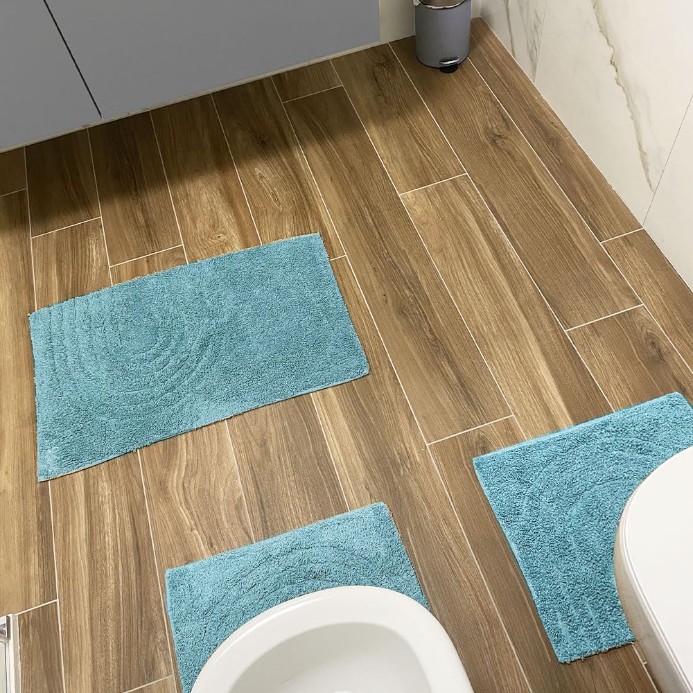 OLIVO.shop | PARURE MODERN, Set Tappeti Bagno 3 pezzi, Tappeti bagno antiscivolo, Tappeto bagno cotone, Tappeti bagno lavabili, vari colori (MODERN BLU)