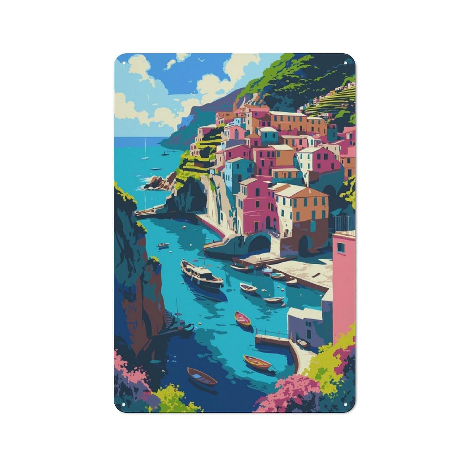 Junmoney Style-22 Metal Sign 30X20cm With Colorful Coastal Village Illustration For Hallway Wall, Retro Decor, Gift For Hallway Decor Lovers During The Christmas Season