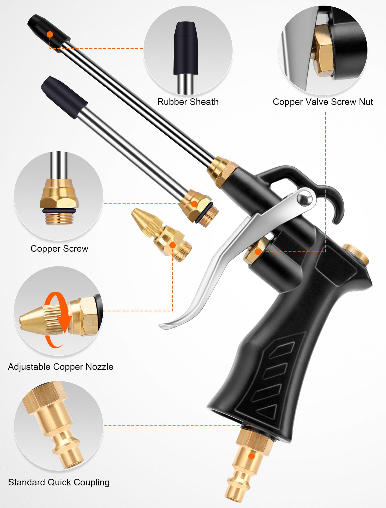 Brass Industrial Air Blower with Adjustable Nozzle, Universal Blow Hose & Steel Extensions - Air Compressor Dusting Tool