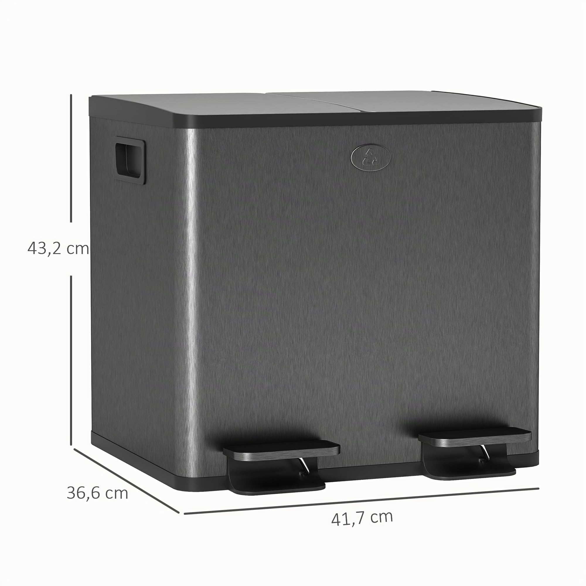 HOMCOM Cubo doble de cocina 2x15L, acero inoxidable, tapa suave, Negro | Cubo de basura doble, cubos interiores extraíbles, resistente a huellas, para reciclaje y residuos