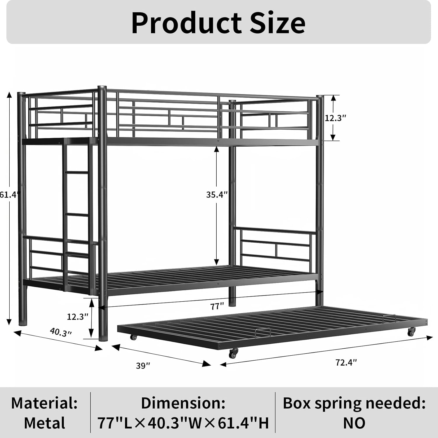Metal Bunk Bed with Trundle,Twin Over Twin Bunk Bed Frame with Ladder and Safety Rails for Triple Metal Bunk Can be Divided into Two beds (Black)