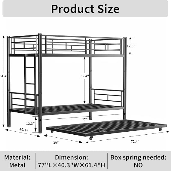 Metal Bunk Bed with Trundle,Twin Over Twin Bunk Bed Frame with Ladder and Safety Rails for Triple Metal Bunk Can be Divided into Two beds (Black)