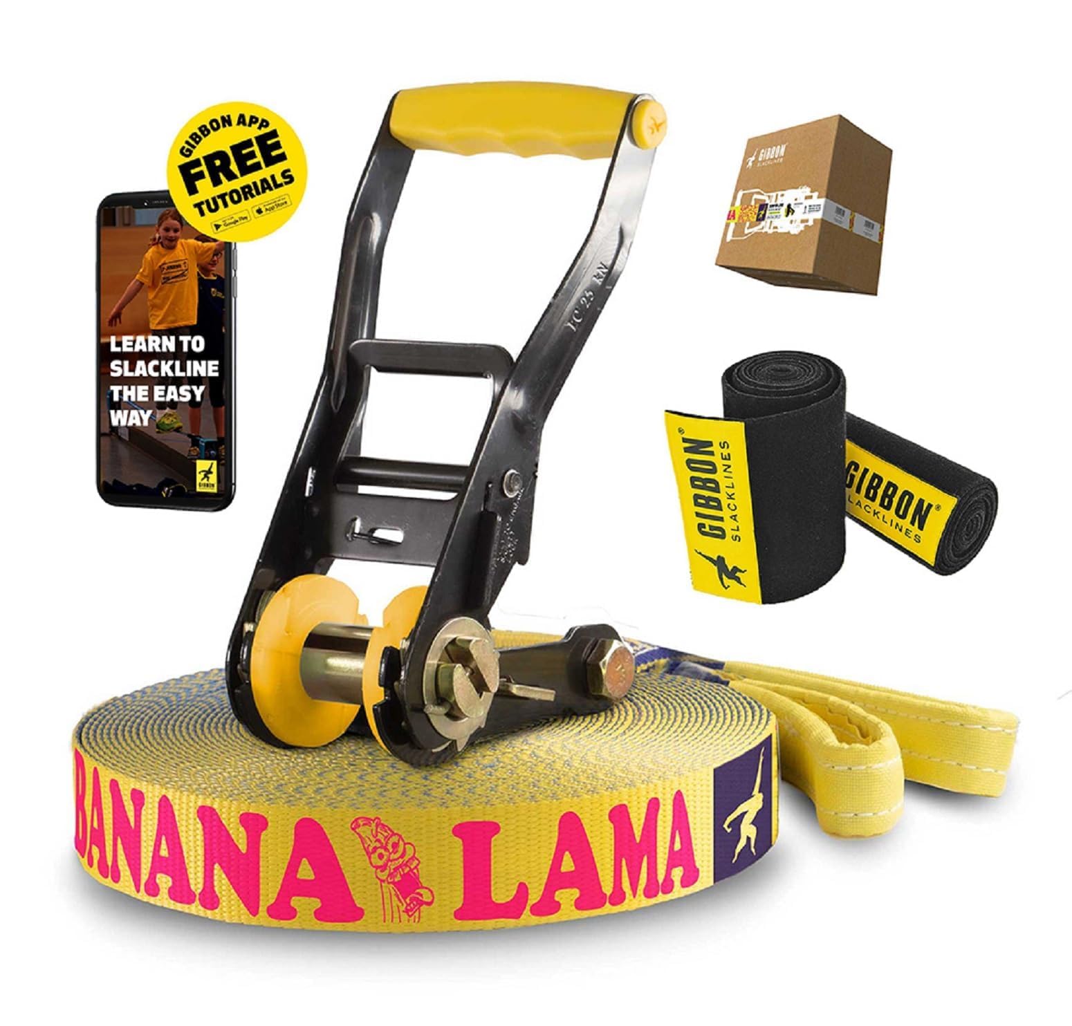 Gibbon Slacklines BananaLama Treewear Set | 3,5 cm Breite | 15 Meter Länge | Anfänger & Fortgeschrittene | Trampolin-Effekt | Schneller Aufbau | Umweltfreundlich | Flachband-Technologie