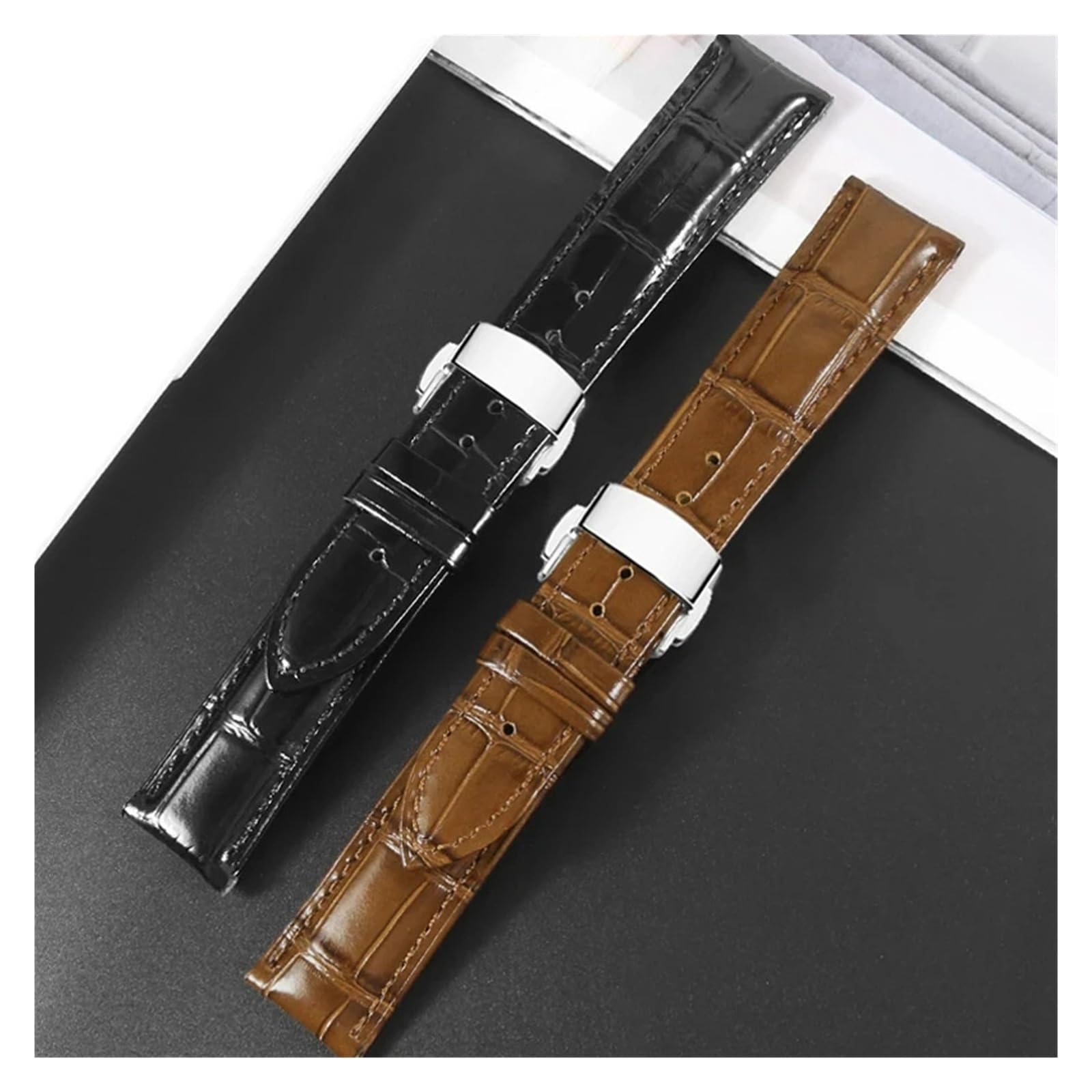 HuanJ Bracelet De Montre En Cuir Véritable Avec Interface Plate, 12, 13, 14, 15, 16, 17, 18, 19, 20, 21, 22, 23, 24 Mm, Boucle Papillon