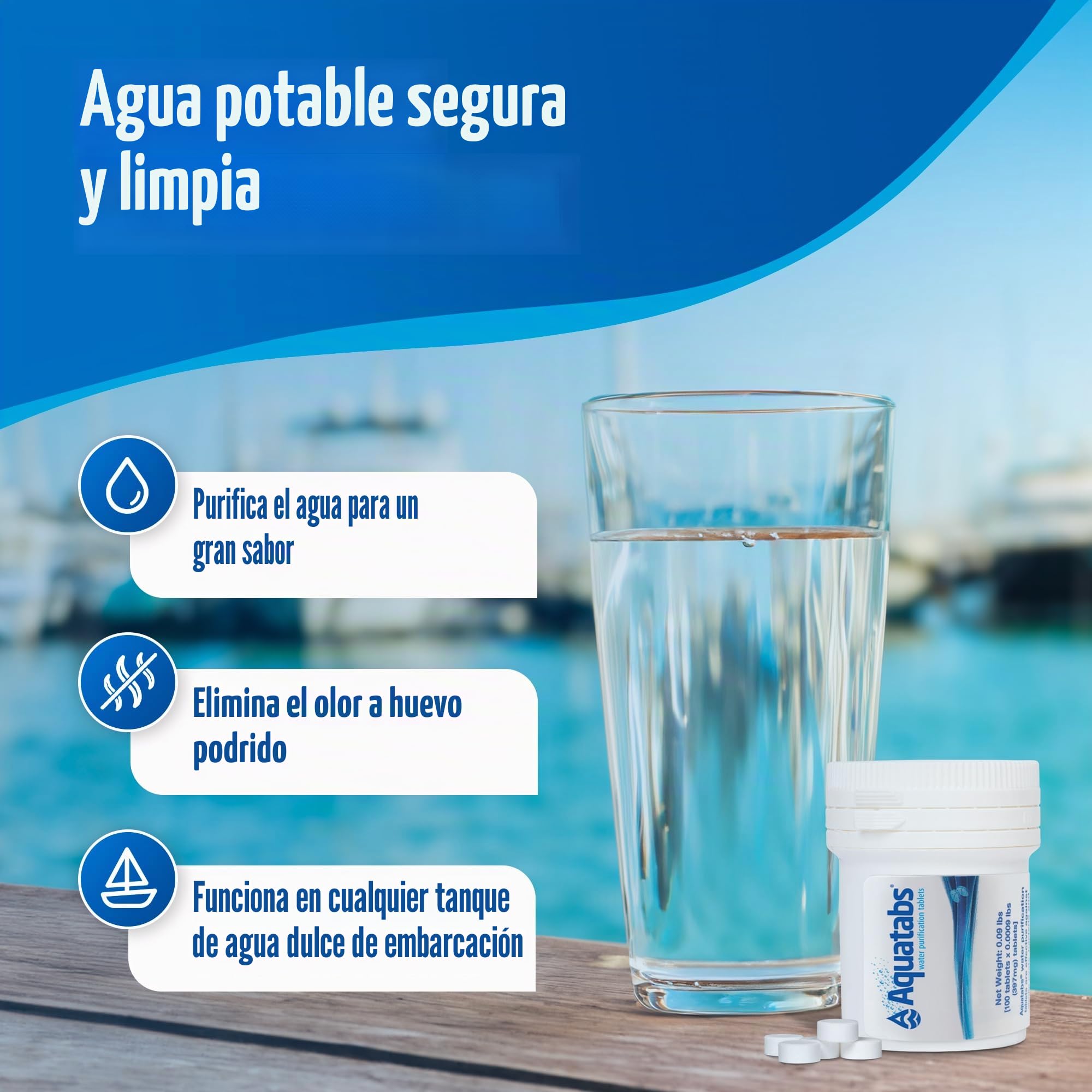 Aquatabs Tabletas de purificación de agua para beber – 100 tabletas + 2 tiras de prueba de cloro – Kit de iniciación purificador de agua – para tanques de barco y RV – por Aquamarine Water Solutions