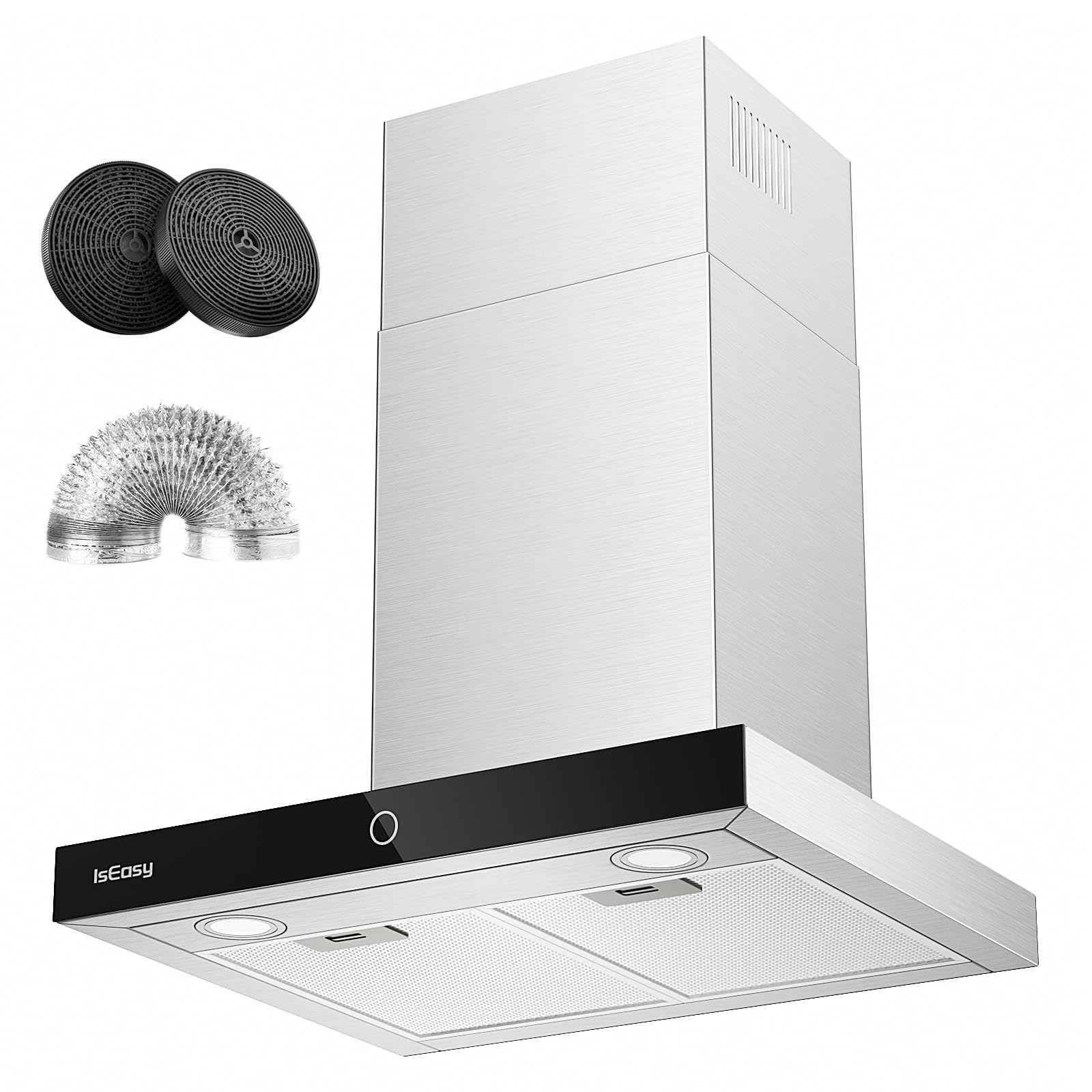 IsEasy Cappa Aspirante Inclinata 60 cm, Cappa Cucina con 590m³/h Forte Potenza di Aspirazione, 4 Livelli di Regolazione, 1-9 Minuti di Ritardo di Arresto, 67 dB, Argento, Class A++