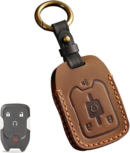 Funda de cuero genuino para llavero inteligente de 4 botones para Chevy Colorado Key Holder Protector (marrón) disponible en Yaxa Peru