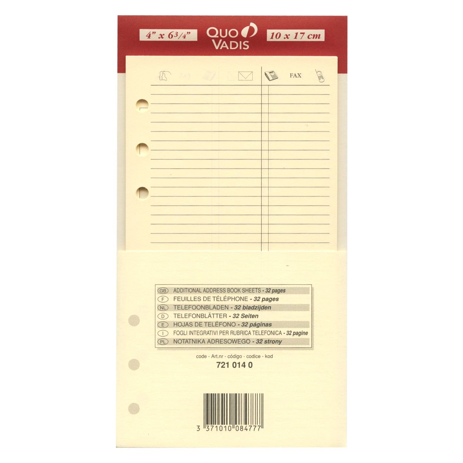 Quo Vadis Refill Accessories Organiser Sheets Telephone Timer 17 Ivory 10 x 17 cm, Ivory-coloured, Mini