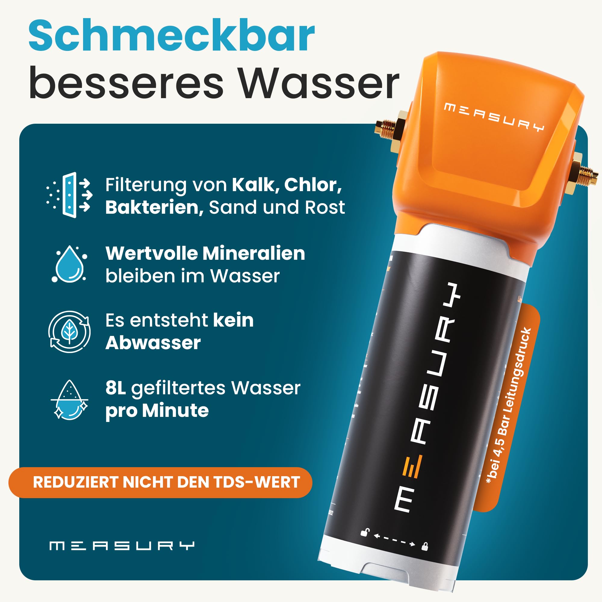 Measury Kalkfilter Untertisch - Wasserfilter Kalk für Wasserleitung & Küchenarmatur - 3-stufiger Trinkwasserfilter gegen Kalk, Chlor, Sand, Rost - 8 L/Min, kein zweiter Wasserhahn, Mineralien bleiben