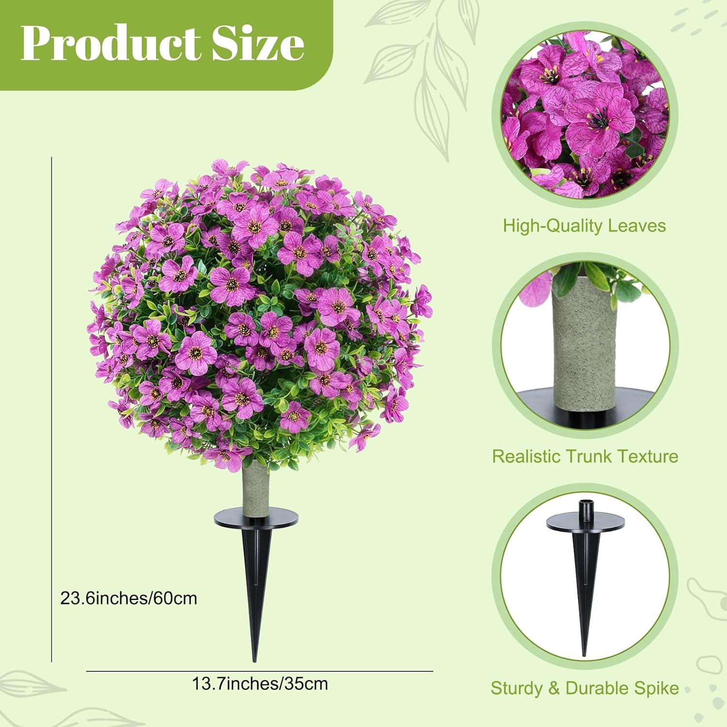 24''Artificial Flowers for Outdoors,2 Pack Topiary Ball Trees Fake Outdoor Plants with Ground Spike,UV Resistant Faux Shrubs for Garden,Porch,Front,Patio,Violet