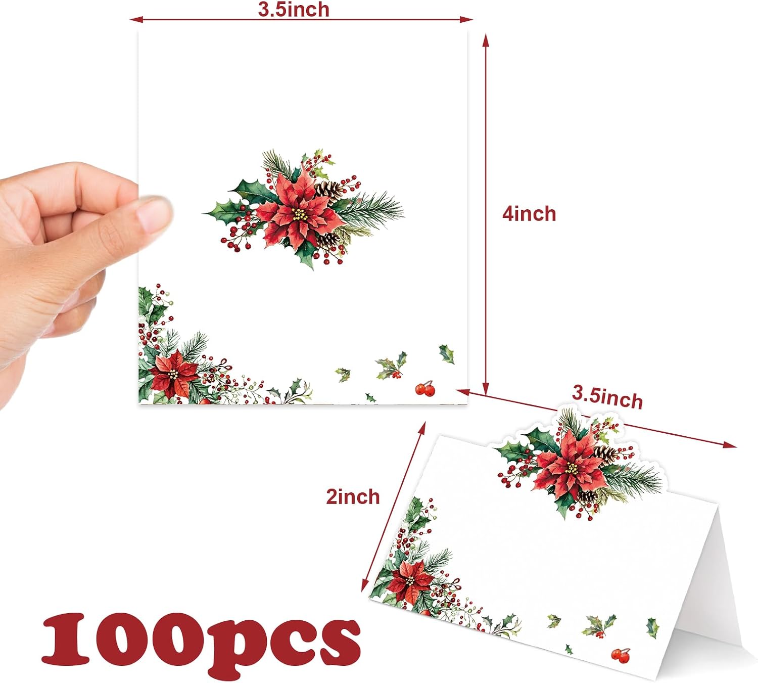 Whaline 100 Pcs Christmas Place Cards 3.5 x 2 Inch Holly Berry Poinsettia Tented Name Cards Xmas Seating Cards for Winter Party Table Setting Supplies