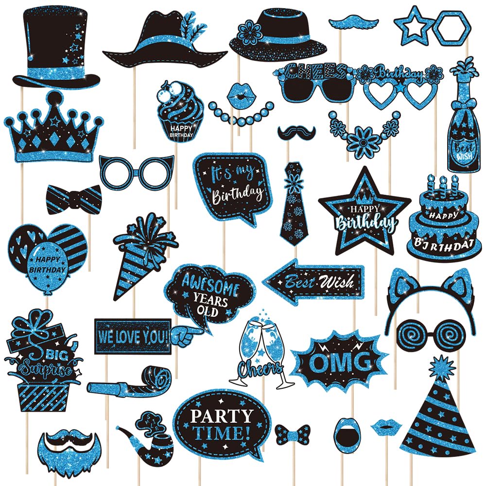 Apzryff Blue Photo Booth Props Set, 38 Pieces Party Props Selfie Photobooth Accessories Selfie Prop Birthday Decorations Birthday Party Suppiles Diy For Prom Graduation Festival Wedding (Blue)