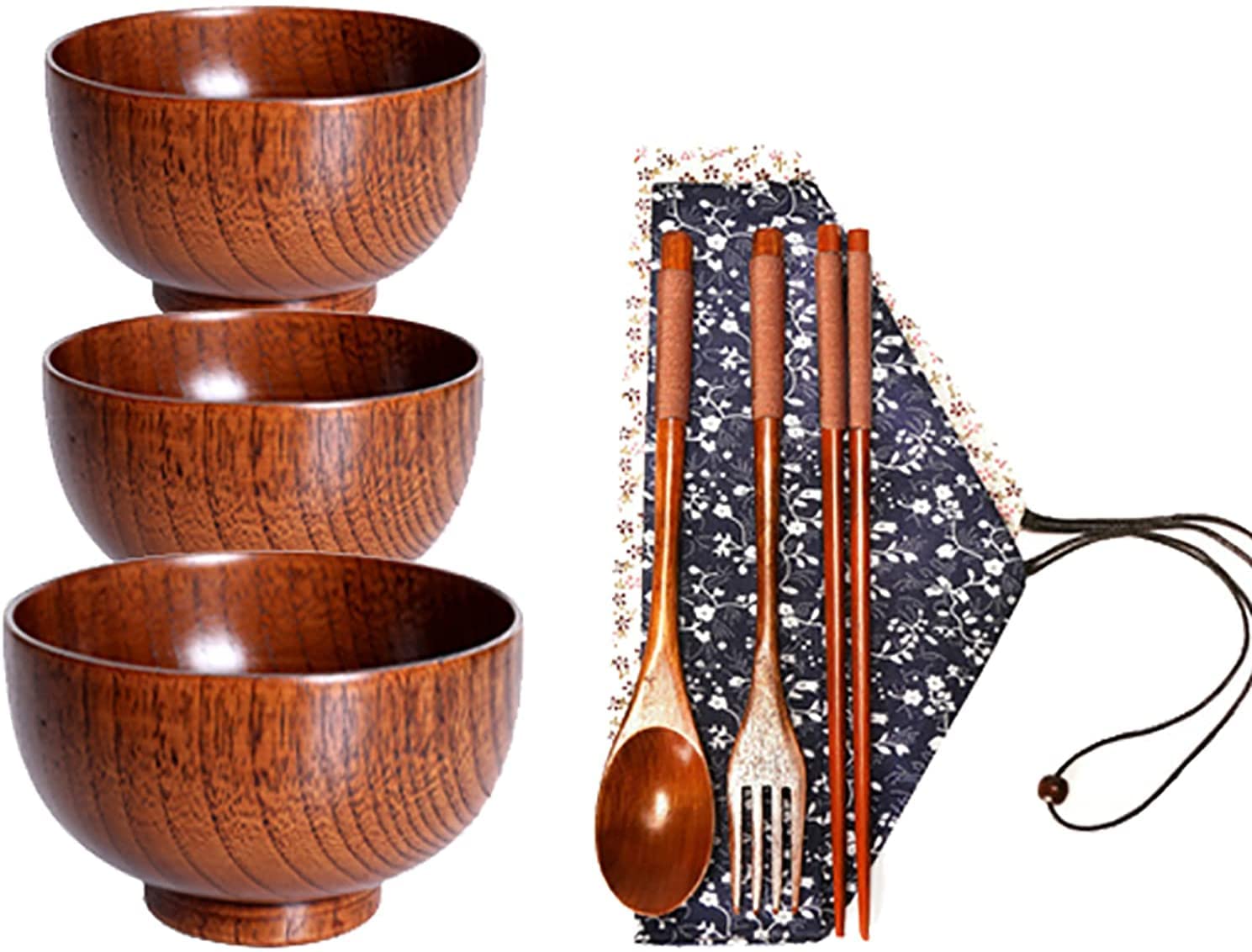 WOTZOV Bowl Household Rice Bowl Ramen Bowl Tableware Jujube Wood Salad Bowl Set, Wooden Salad Bowls With Wooden Cutlery Set, Large Wood Bowl For Food, Fruits, Salads And Decoration，Brown 3PACK