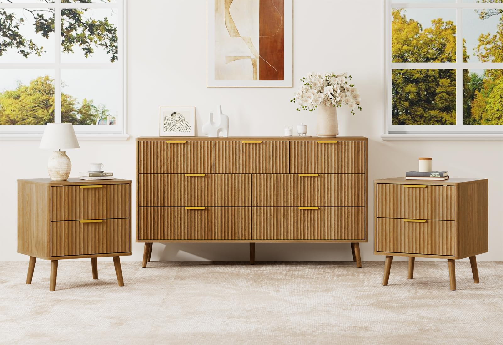 LYNSOM 7 Drawer Dresser and Nightstand Set for Bedroom, Modern Natural Oak and Gold Dresser Set with Fluted Panel, 55” Wide 7 Drawer Chest of Drawers