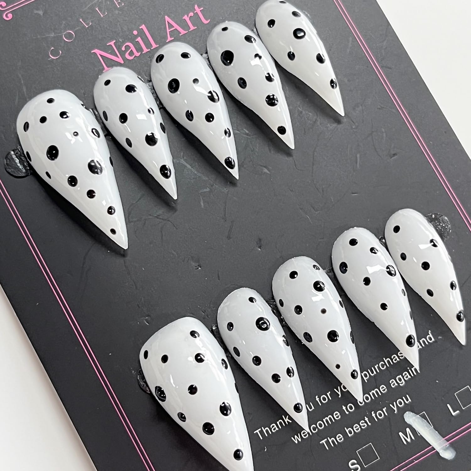 Handmade Press on Nails Medium Stiletto Fake Nails Unique Eagle Claw Thick Acrylic Nails Black&White False Nails with Polka Dots Cat Claw Designs Glossy Glue on Nail Sturdy Nail Art 10Pcs(S)