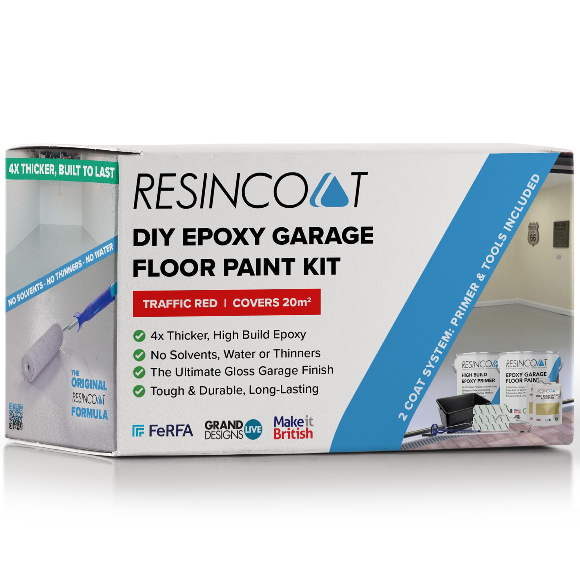Resincoat Epoxy Garage Floor Paint Kit – Complete Primer, Paint & Tools Bundle – Covers up to 20m² – 4x Thicker High Build Coating for Concrete Floors – Durable Gloss Finish – Made in UK (Traffic Red)
