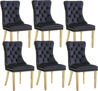 Black Velvet Dining Chairs Set of 6, High-end Tufted Dining Room Chair with Back Ring Pull Trim and Gold Stainless Steel Legs, Modern Upholstered Kitchen Chair for Living Room