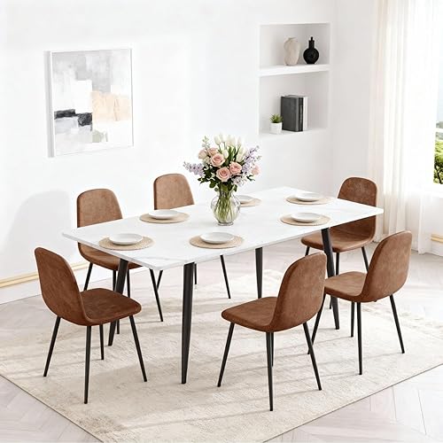 Miniatura 23 de FURNITO Juego de Mesa de Comedor de 7 Piezas, Mesa de Comedor Extensible de 59"-75" con 6 Sillas Tapizadas, Juego Blanco de Mesa y Sillas de Cocina