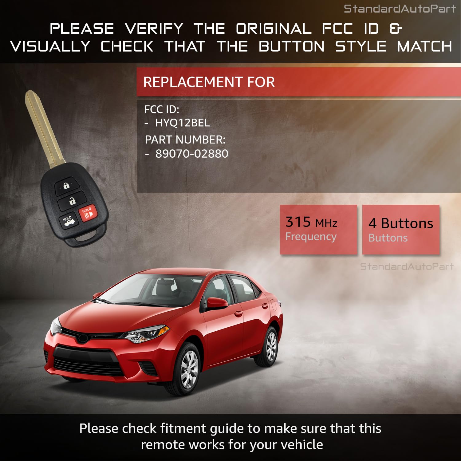 StandardAutoPart Telecomando di ricambio a 4 pulsanti compatibile con Toyota Corolla HYQ12BEL H Chip 89070-02880 (solo veicoli canadesi), unità completa, nero