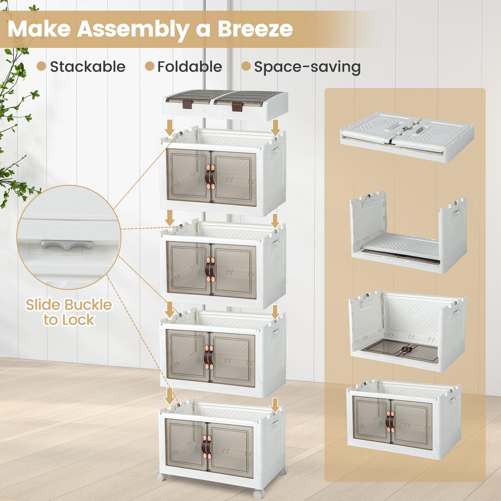 GIANTEX Contenedor Plástico de Almacenamiento 210 L, Caja Apilables con Tapa y Ruedas, Carrito de Almacenaje con 4 Cubos Apilables, Caja Organizador para Salón, Dormitorio (4 Niveles)