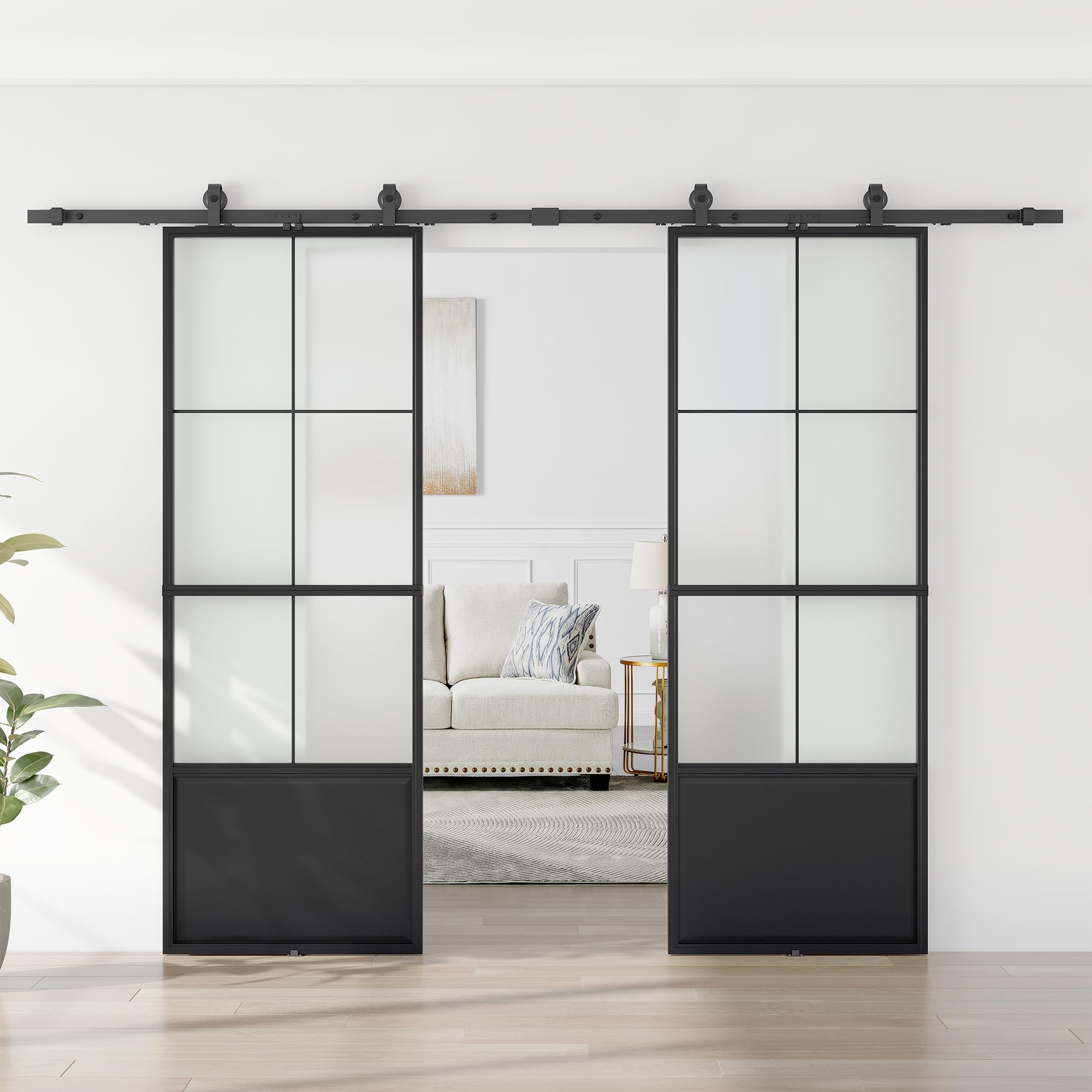 64 x 84 in 3/4 Lite Metal and Glass Double Barn Door with Installation Hardware Kit and Soft-Close