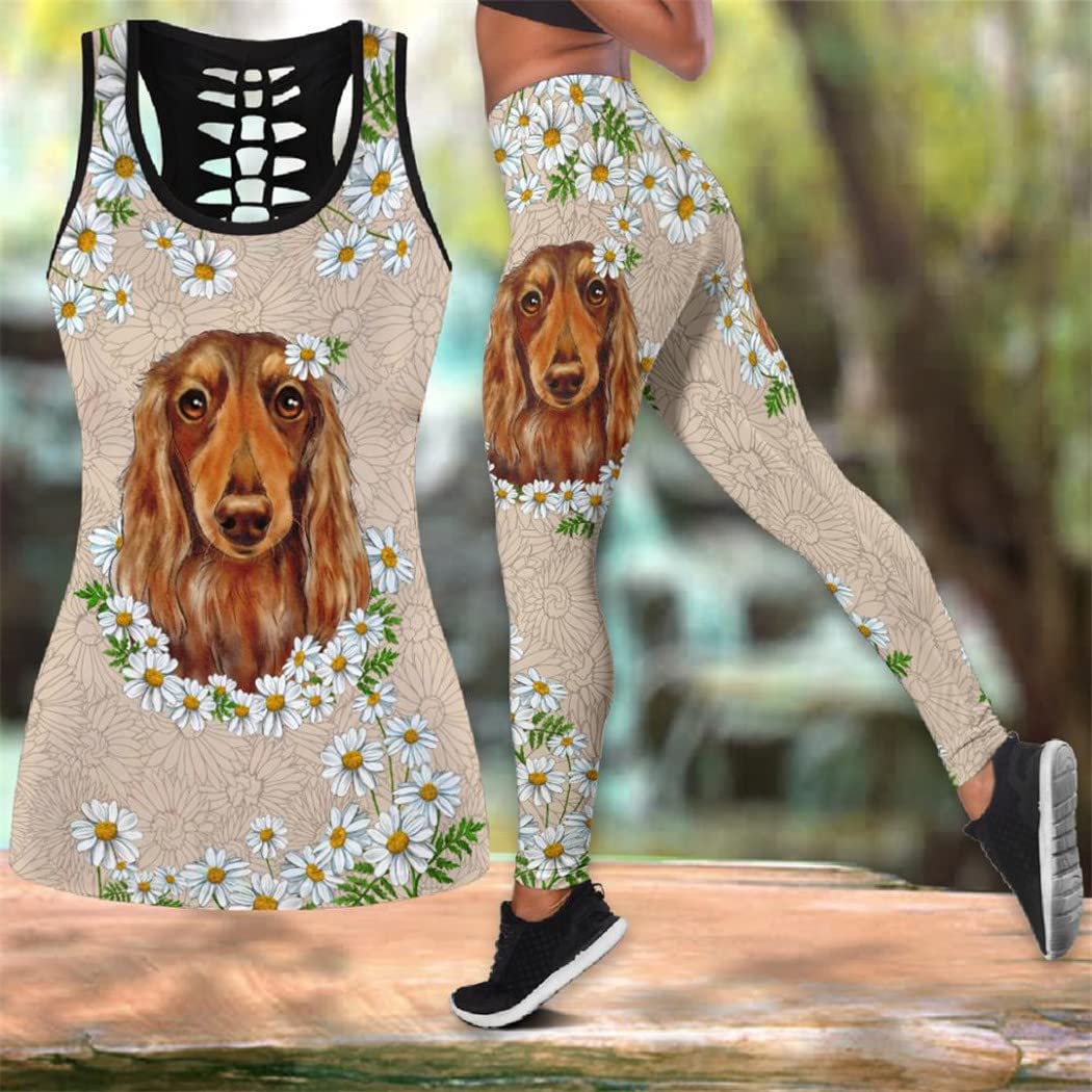Animal Dog Flowers 3D Printed Hollow Tanktop Leggings Set Mädchen Sexy Weste Kleidung Gym Sportswear Workout Trainingsanzug, Rtpp01, 48