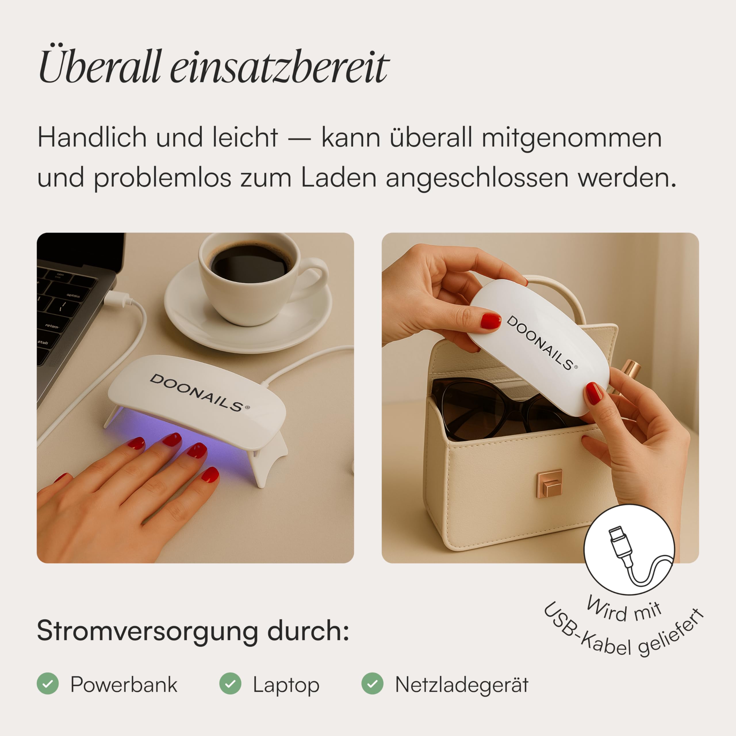 DOONAILS – UV Lampe für Gelnägel mit LED - Nagellack UV Lampe für Gel Strips Maniküre – Nagellampe USB-C Kabel Kabelanschluss & Eingebautem Timer - Kompakt und perfekt für Zuhause & unterwegs - Weiß