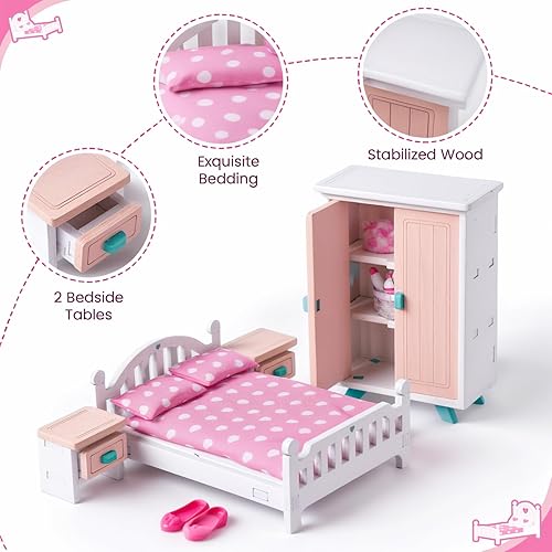 Miniatura 4 de BABESIDE Juego de muebles de dormitorio de casa de muñecas, 7 piezas de accesorios de casa de muñecas de madera rosa para muñecas de 3 pulgadas con