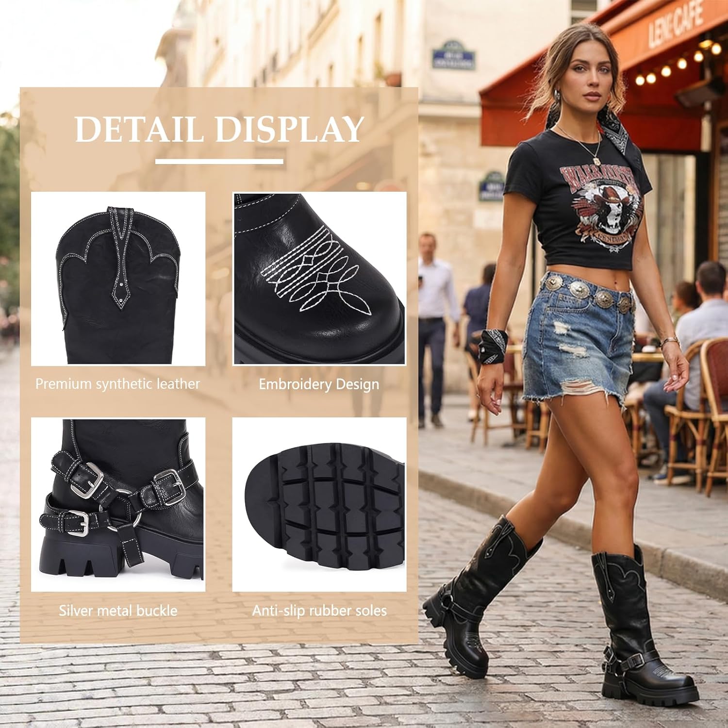 HiColor women's black leather western cowboy boots with buckle & round toe chunky heel shoes