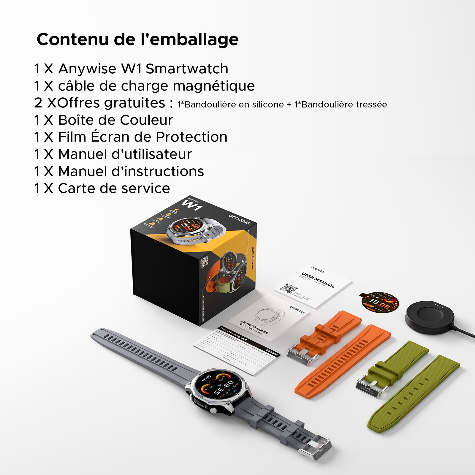 Anywise W1 AI Montre Connectée Homme, 5ATM Dual-Band GPS Tactical Watch,1,43'' AMOLED Screen, 170+ Modes Sport, Appel Bluetooth,18 Days Battery,LED Flashlight,Compass,pour Android/iOS, 3 Strap
