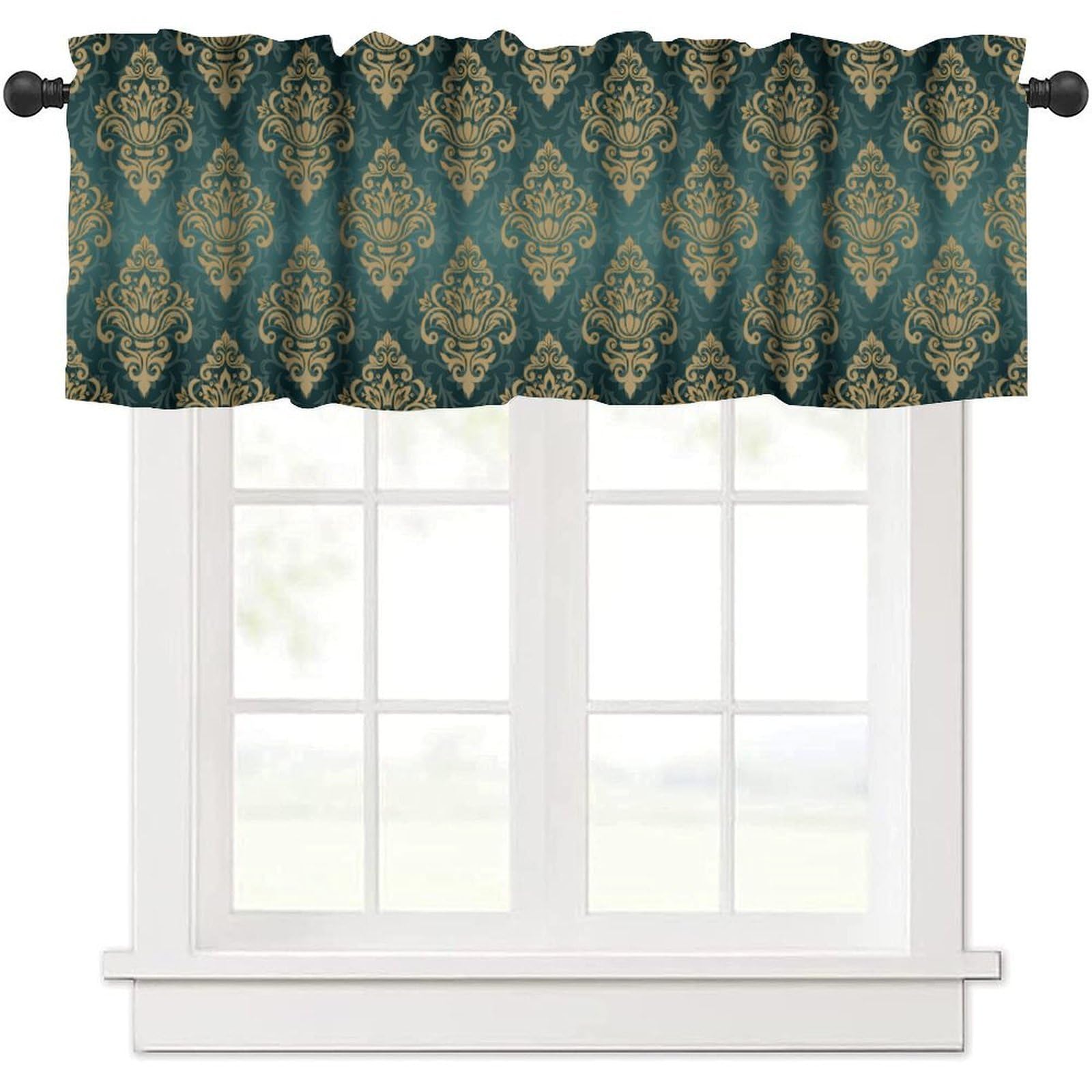 moderw Green Damask Window Curtains Valance, Vintage Luxury Oriental Dark Green and Gold Damask Floral Victorian Gothic Window Treatments Valance Curtain for Farmhouse Living Room Kitchen 54x18inch