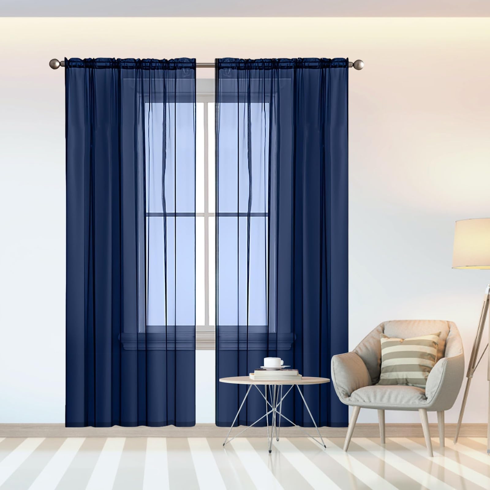 Voilage fenêtre court bleu foncé filtrage de lumière optimal lot de 2