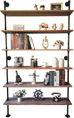 Miniatura 4 de Anynice Estante industrial de tubo de escalera de 6 niveles, estantería de metal de madera montada en la pared para almacenamiento de sala de estar