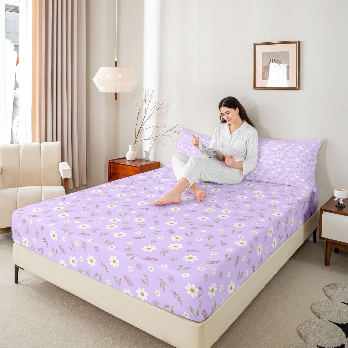Homemissing Sábana bajera ajustable con 2 fundas de almohada, tamaño King, con diseño de flores de flores, 16 pulgadas de profundidad, sábana bajera ajustable para niños y niñas, decoración de