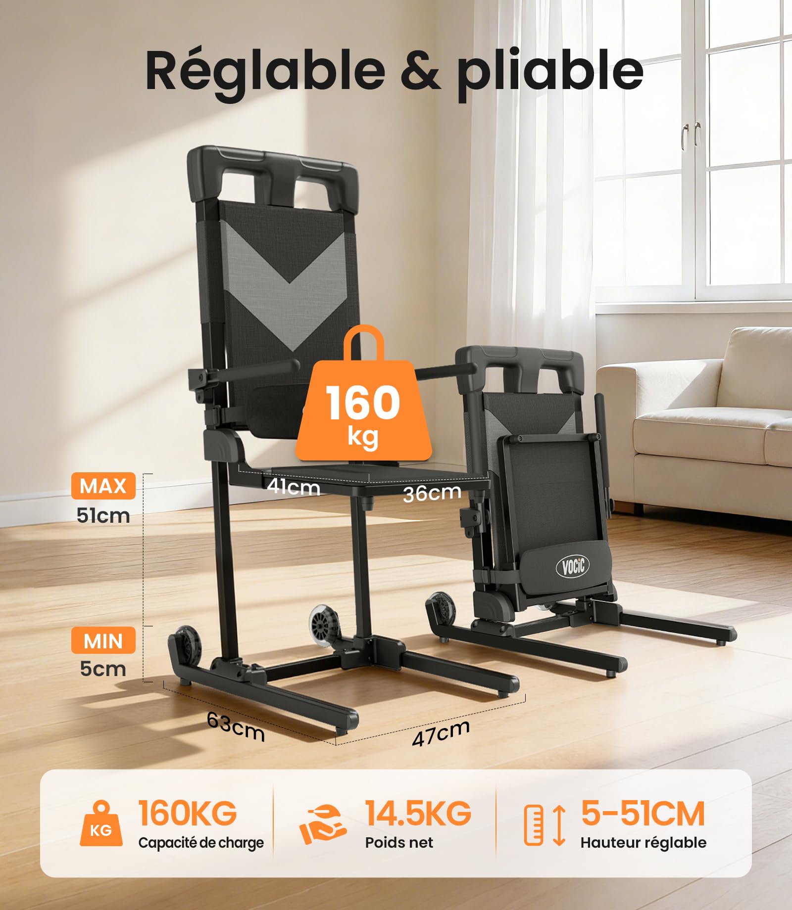 VOCIC AX25 Fauteuil releveur électrique 160 kg, léger et Mobile | Senior domicile, aide relevage après chute, fauteuil mobile grandes roues, transfert canapé lit, structure légère 160KG