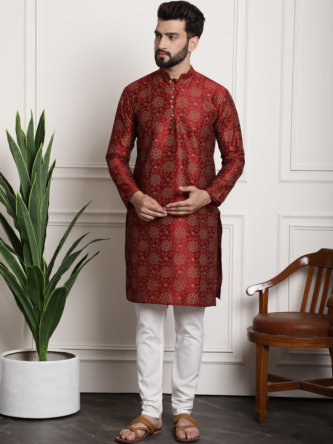 Sojanya (Since 1958 Men's Silk Blend Maroon Kurta & Cream Pyjama With Beige Embroiderd Nehrujacket